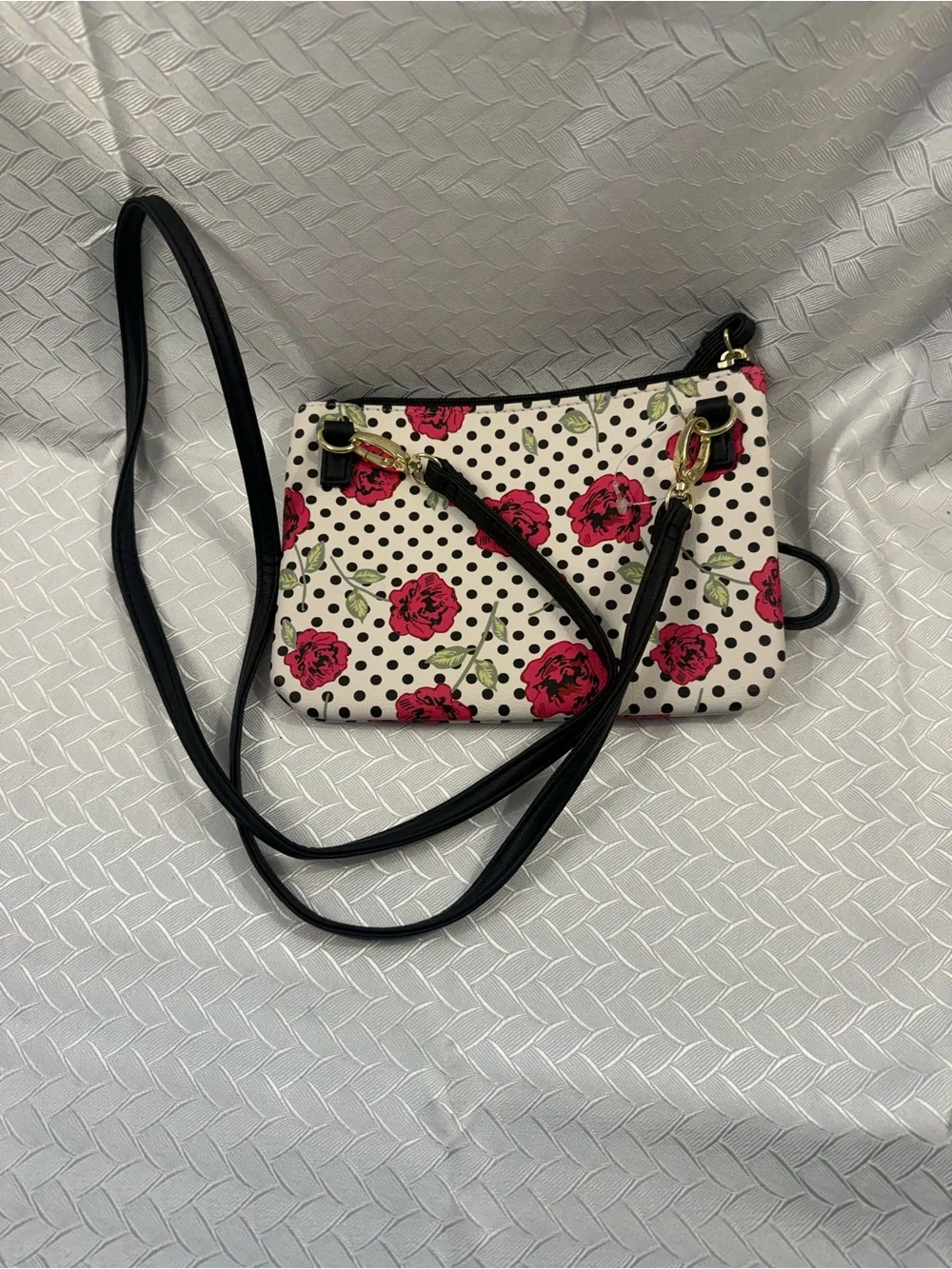 Betsey Johnson White Floral Polka Dot Crossbody Purse with Black Strap